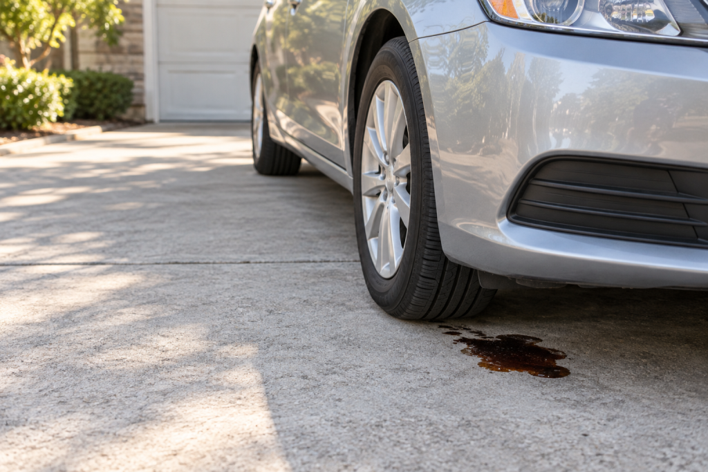 Illustration of a reddish-brown fluid spot beside a parked car on a concrete driveway