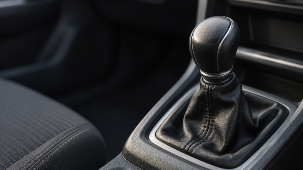 Original illustration of a manual gear shift lever with a black leather boot in a parked car.