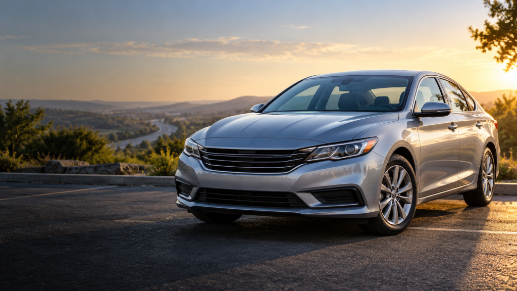 Silver sedan parked beside a winding road at sunset