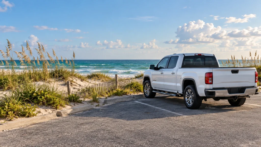 Pickup near Texas coastal dunes