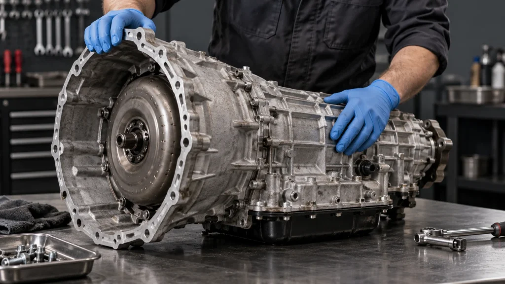 Mechanic inspecting an automatic transmission